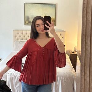 She + Sky Red Pleated Bell Sleeve Top